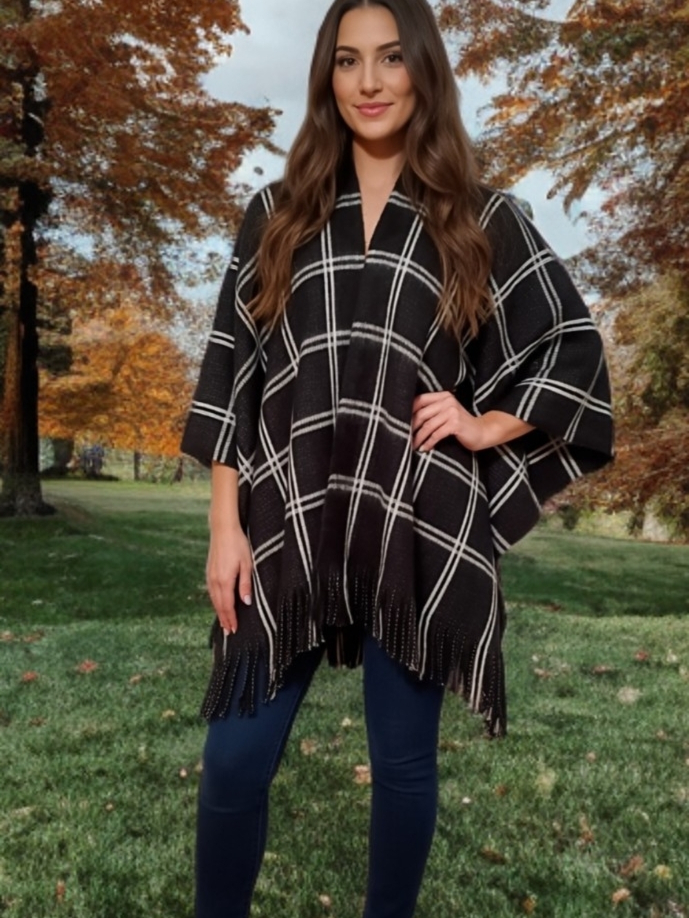 Black Windowpane Plaid Fringe Knit Poncho